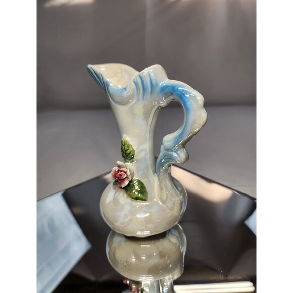 Vintage Lusterware Pitcher Blue & White Pearlescent Iridescent Beautiful Rose - Picture 2 of 7